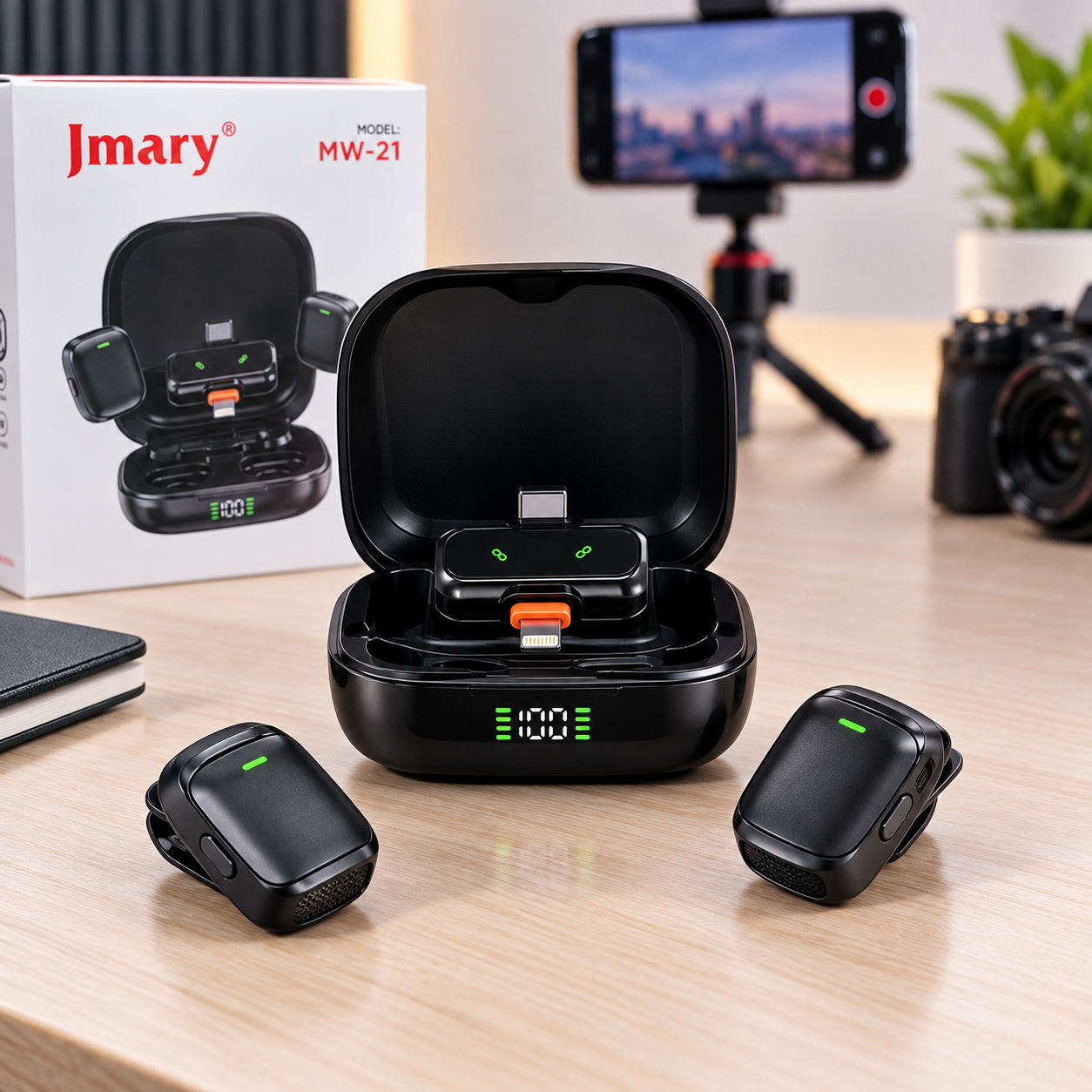 میکروفون بی‌سیم Jmary MW-21 دو نفره | نویز کنسلینگ AI | برد 100 متر | تایپ C و آیفون