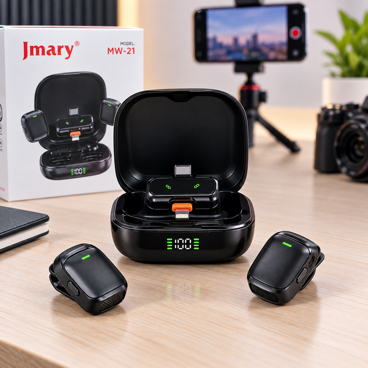 میکروفون بیسیم Jmary MW-21 دو نفره | نویز کنسلینگ AI | برد 100 متر | تایپ C و آیفون